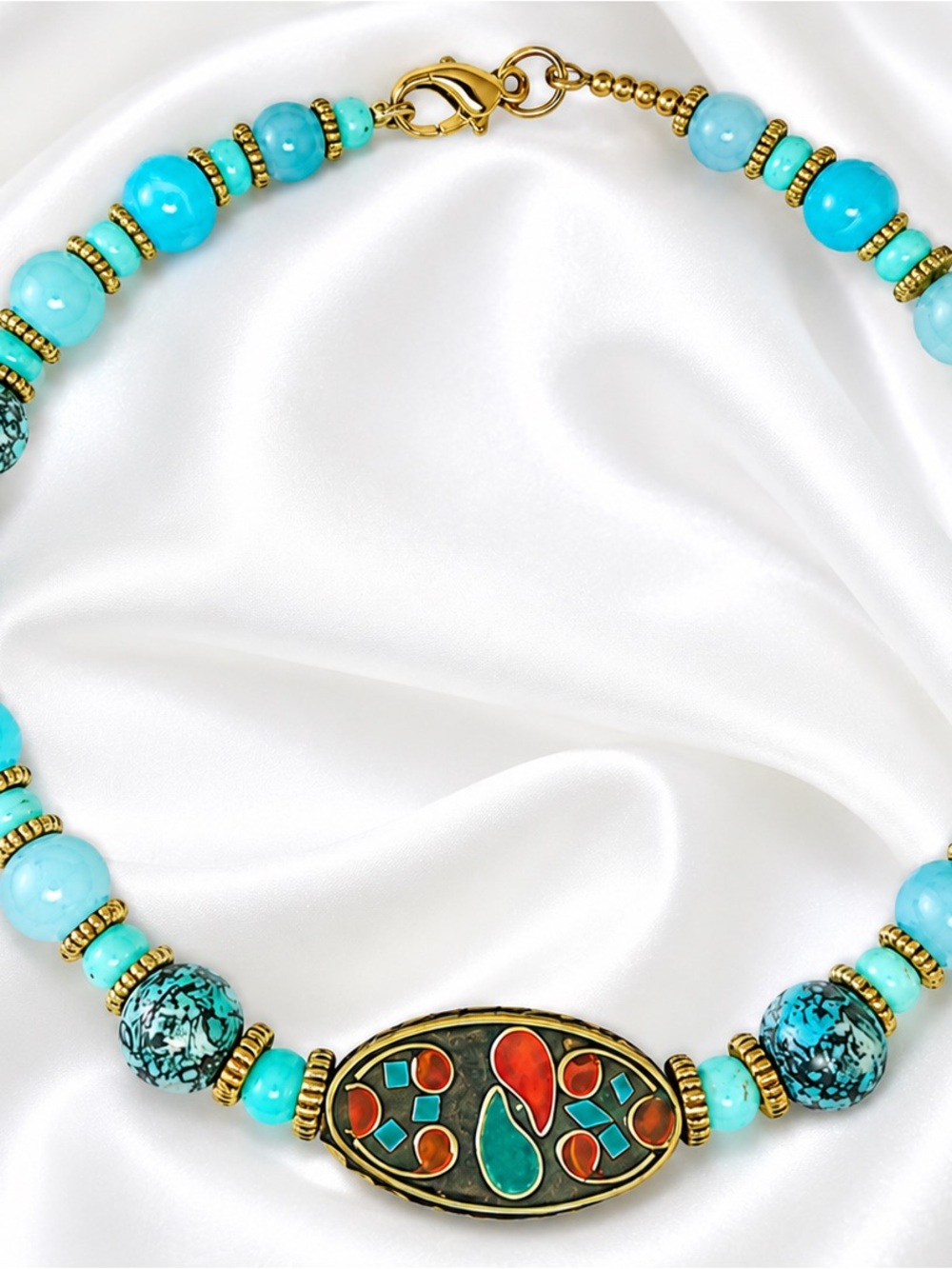 Blue Stone, Art Glass & Tibetan-Style Necklace